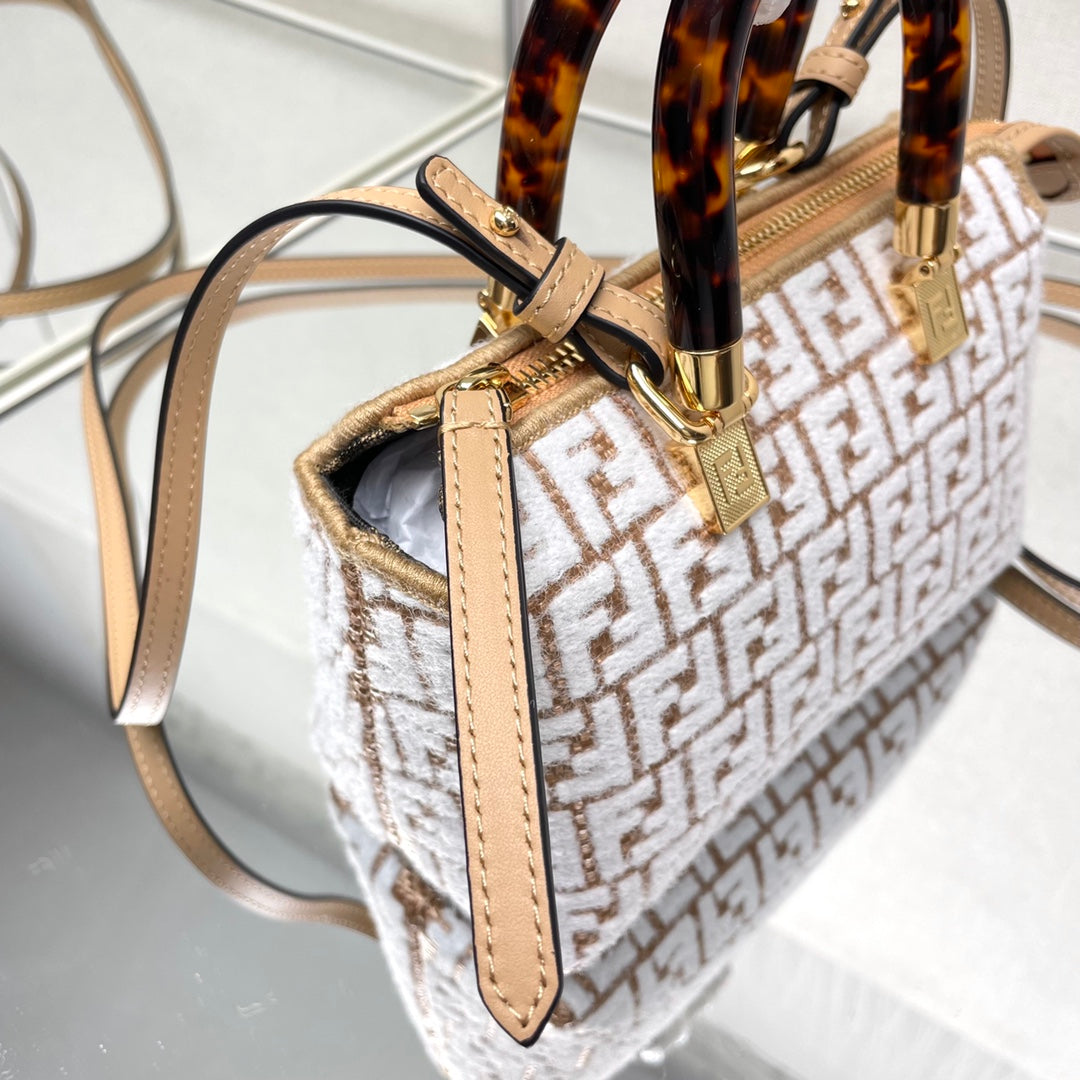 FENDI BY THE WAY MINI 18 IN WHITE WOOL AND CAMEL BROWN RAFFIA CALFSKIN TRIM