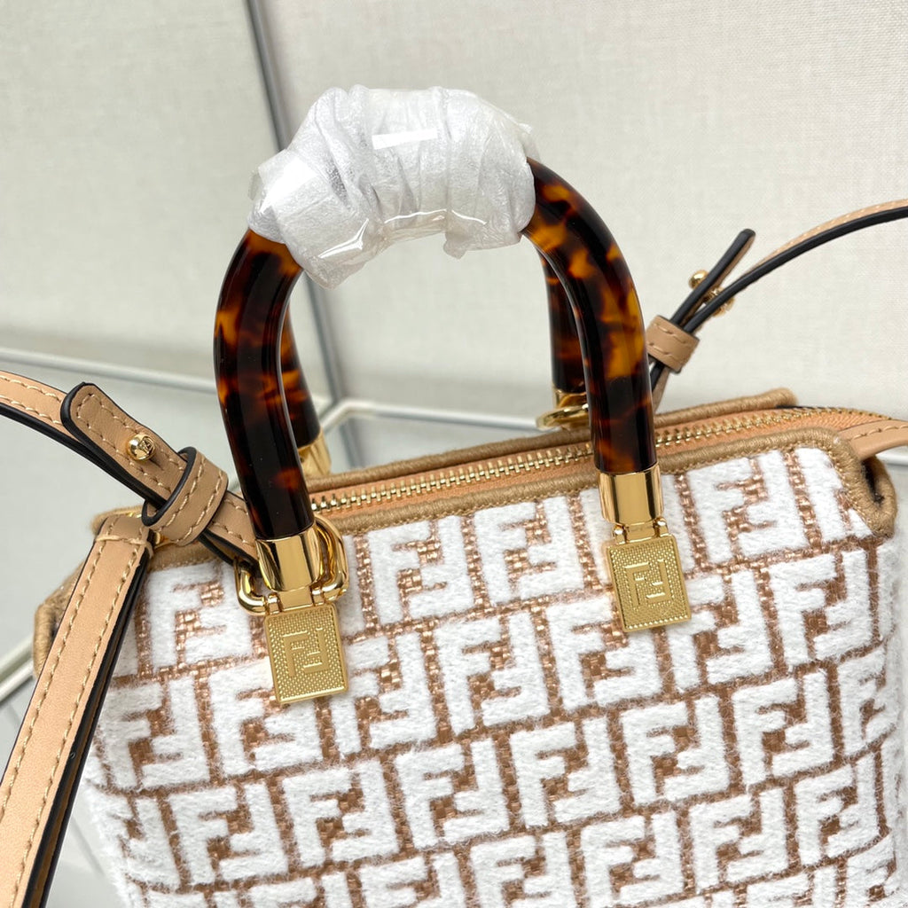 FENDI BY THE WAY MINI 18 IN WHITE WOOL AND CAMEL BROWN RAFFIA CALFSKIN TRIM