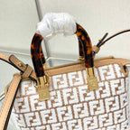 FENDI BY THE WAY MINI 18 IN WHITE WOOL AND CAMEL BROWN RAFFIA CALFSKIN TRIM