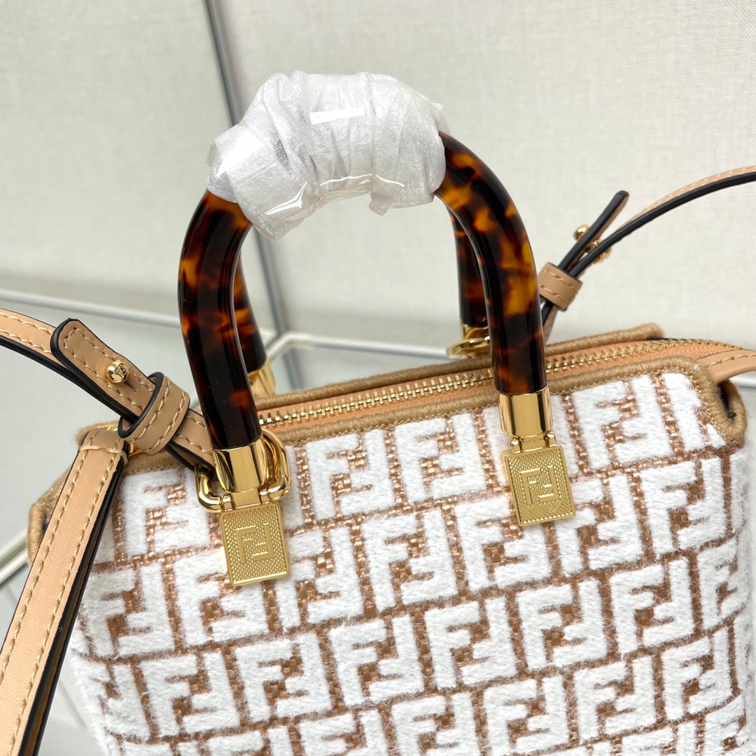 FENDI BY THE WAY MINI 18 IN WHITE WOOL AND CAMEL BROWN RAFFIA CALFSKIN TRIM