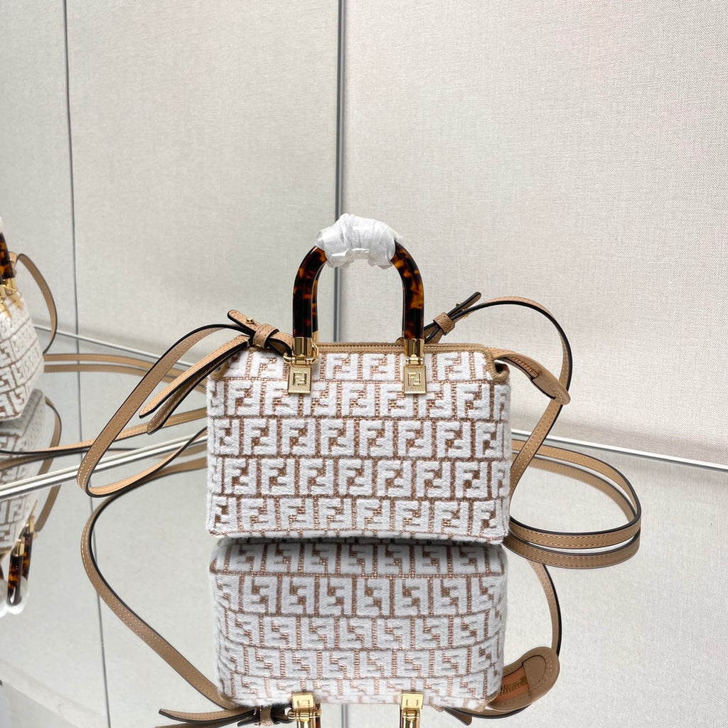 FENDI BY THE WAY MINI 18 IN WHITE WOOL AND CAMEL BROWN RAFFIA CALFSKIN TRIM