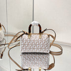 FENDI BY THE WAY MINI 18 IN WHITE WOOL AND CAMEL BROWN RAFFIA CALFSKIN TRIM