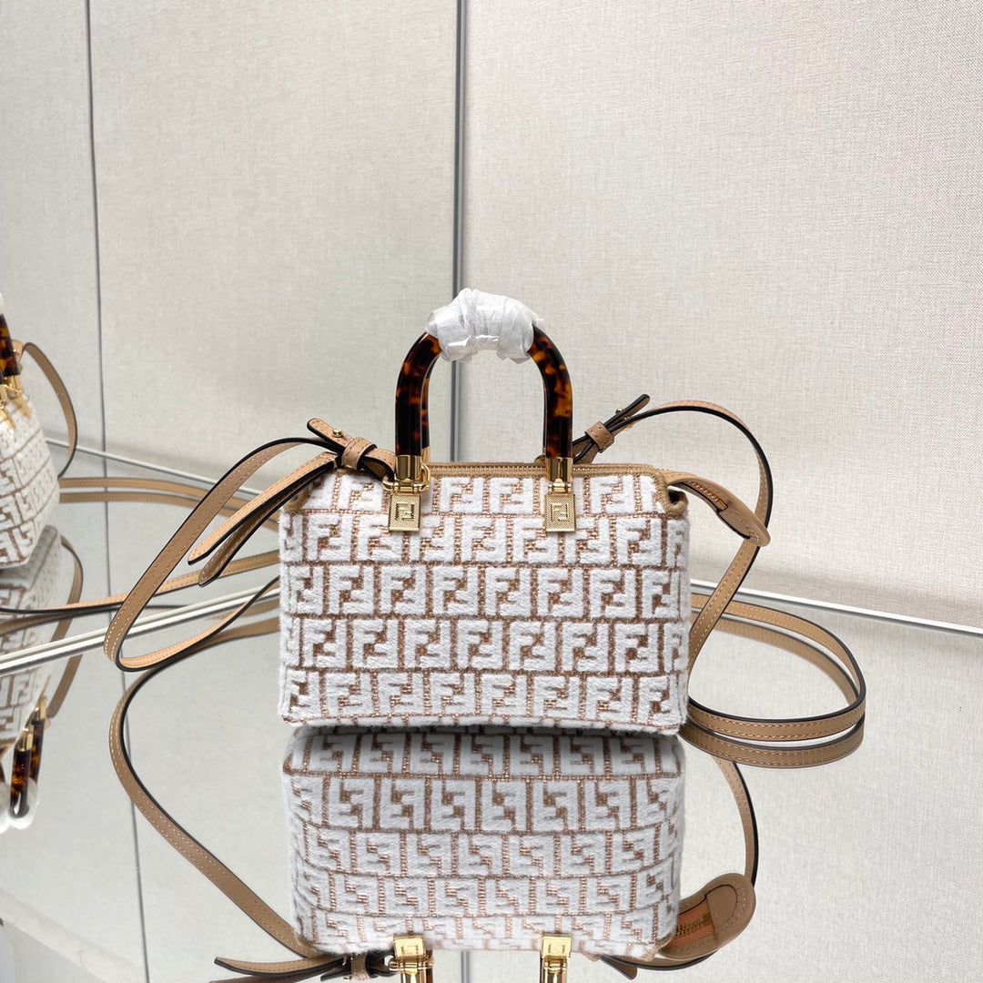FENDI BY THE WAY MINI 18 IN WHITE WOOL AND CAMEL BROWN RAFFIA CALFSKIN TRIM