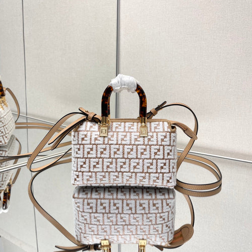 FENDI BY THE WAY MINI 18 IN WHITE WOOL AND CAMEL BROWN RAFFIA CALFSKIN TRIM