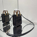 FENDI MINI SUNSHINE 18 IN BROWN RAFFIA AND BLACK WOOL CALFSKIN TRIM