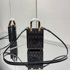 FENDI MINI SUNSHINE 18 IN BROWN RAFFIA AND BLACK WOOL CALFSKIN TRIM