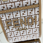 FENDI MINI SUNSHINE 18 IN WHITE WOOL AND CAMEL BROWN RAFFIA CALFSKIN TRIM