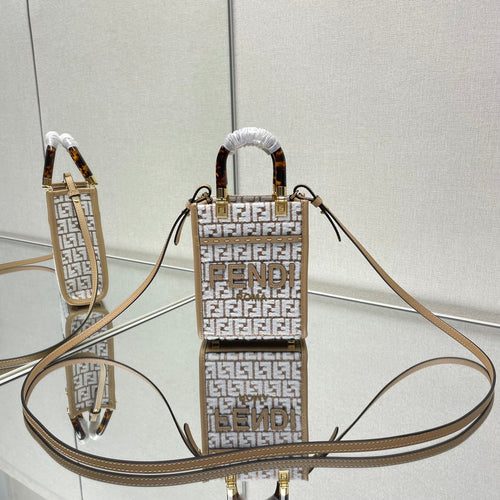 FENDI MINI SUNSHINE 18 IN WHITE WOOL AND CAMEL BROWN RAFFIA CALFSKIN TRIM