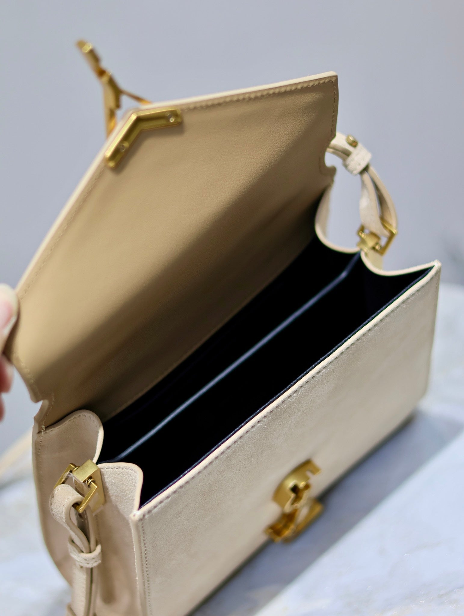 Saint Laurent CASSANDRA MINI TOP HANDLE BAG 20 IN BEIGE SUEDE GOLD HARDWARE