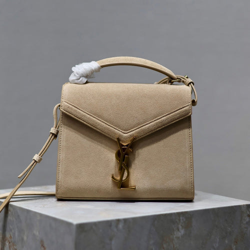 Saint Laurent CASSANDRA MINI TOP HANDLE BAG 20 IN BEIGE SUEDE GOLD HARDWARE
