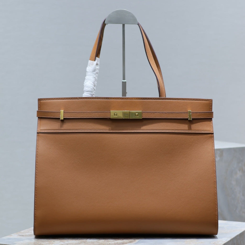 Saint Laurent MANHATTAN SHOPPING BAG 40 IN TAWNY BROWN SMOOTH LAMBSKIN GOLD BUCKLE
