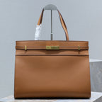 Saint Laurent MANHATTAN SHOPPING BAG 40 IN TAWNY BROWN SMOOTH LAMBSKIN GOLD BUCKLE