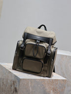 Saint Laurent CITY MULTI-POCKET BACKPACK 42 IN KHAKI GREEN NYLON AND BLACK SMOOTH CALFSKIN