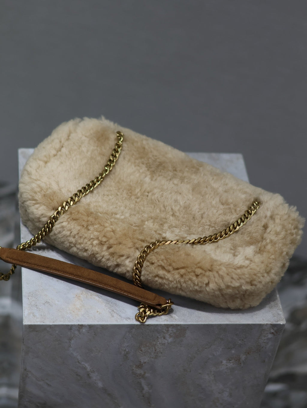 Saint Laurent CALYPSO BAG 26 IN BEIGE SHEARLING WITH BROWN SUEDE HANDLE