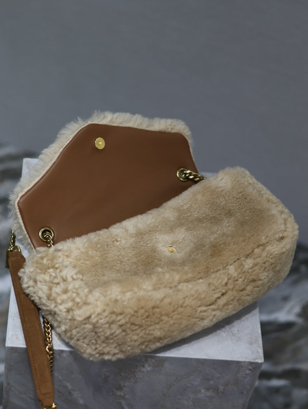 Saint Laurent CALYPSO BAG 26 IN BEIGE SHEARLING WITH BROWN SUEDE HANDLE