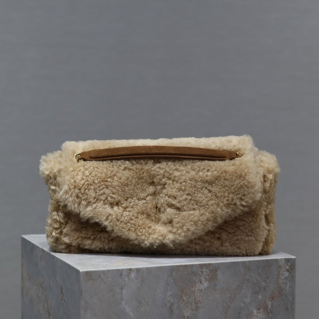 Saint Laurent CALYPSO BAG 26 IN BEIGE SHEARLING WITH BROWN SUEDE HANDLE