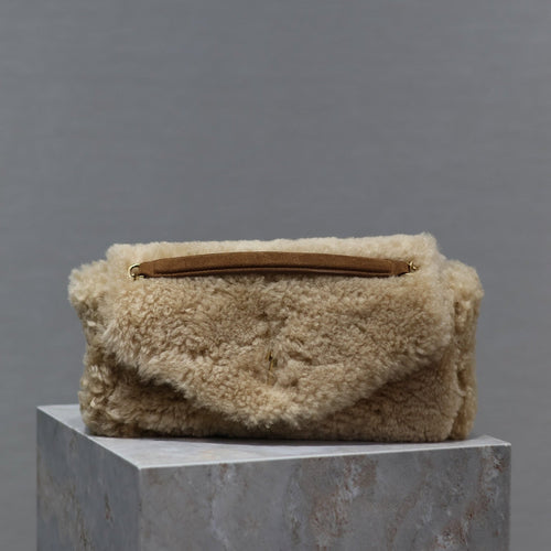 Saint Laurent CALYPSO BAG 26 IN BEIGE SHEARLING WITH BROWN SUEDE HANDLE
