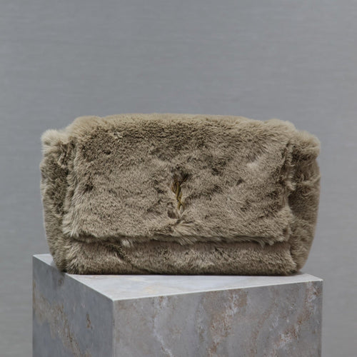 Saint Laurent KATE FLAP BAG 28 IN ECRU BEIGE RABBIT FUR GOLD CHAIN