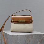 Saint Laurent MANHATTAN MINI 19 IN WHITE CANVAS AND BROWN LAMBSKIN GOLD BUCKLE