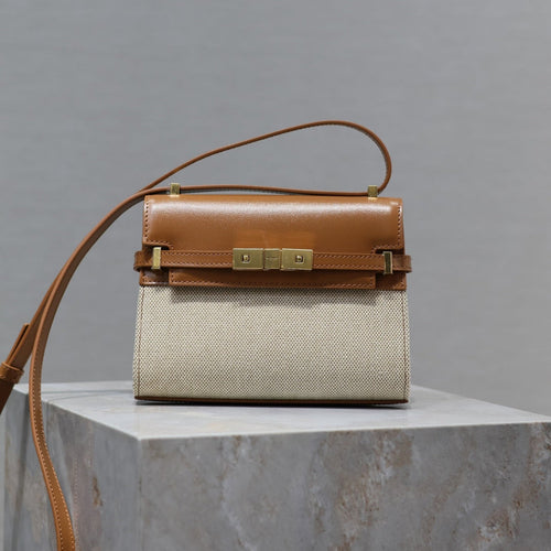 Saint Laurent MANHATTAN MINI 19 IN WHITE CANVAS AND BROWN LAMBSKIN GOLD BUCKLE