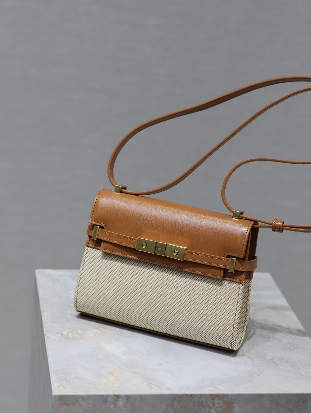 Saint Laurent MANHATTAN MINI 19 IN WHITE CANVAS AND BROWN LAMBSKIN GOLD BUCKLE