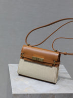 Saint Laurent MANHATTAN MINI 19 IN WHITE CANVAS AND BROWN LAMBSKIN GOLD BUCKLE