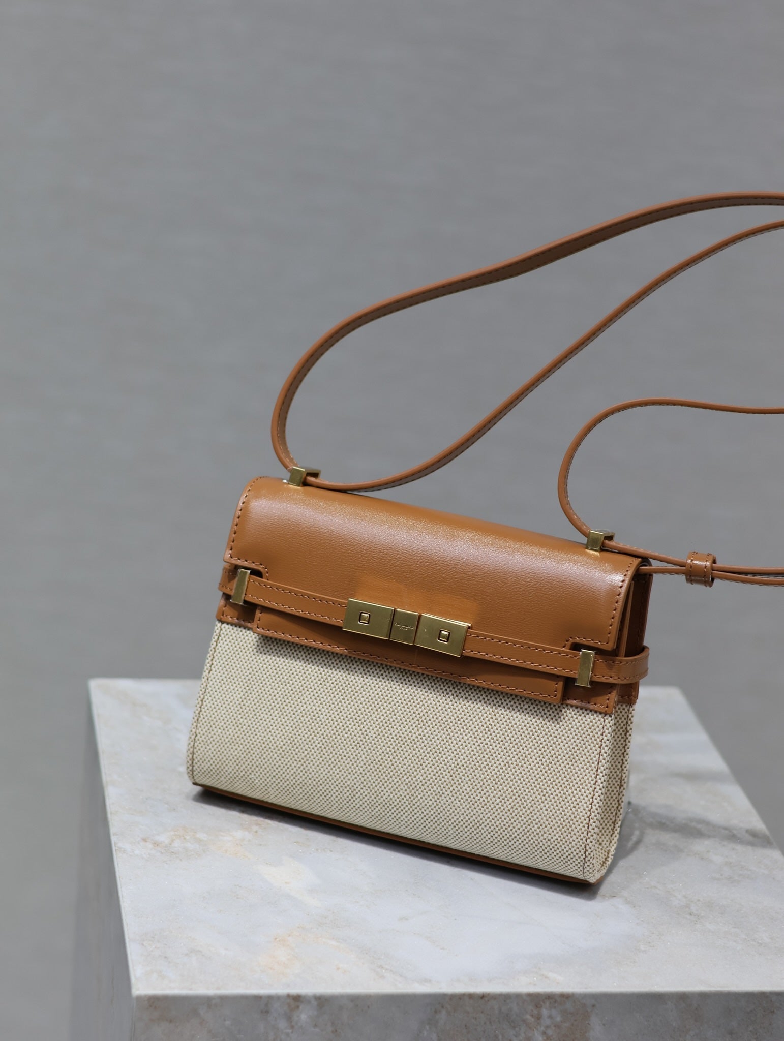 Saint Laurent MANHATTAN MINI 19 IN WHITE CANVAS AND BROWN LAMBSKIN GOLD BUCKLE