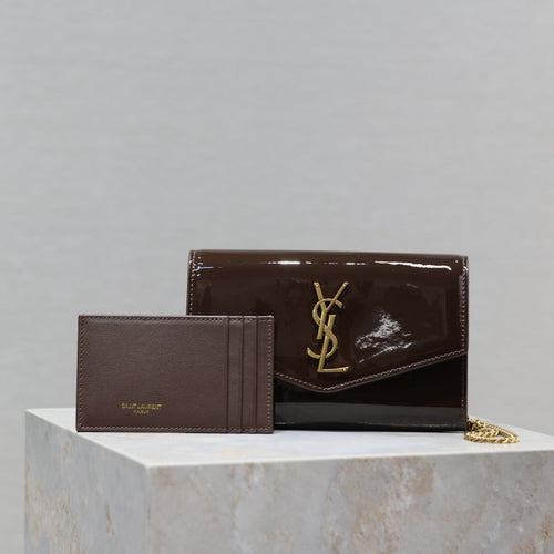 Saint Laurent uptown chain wallet 19cm dark brown patent calfskin