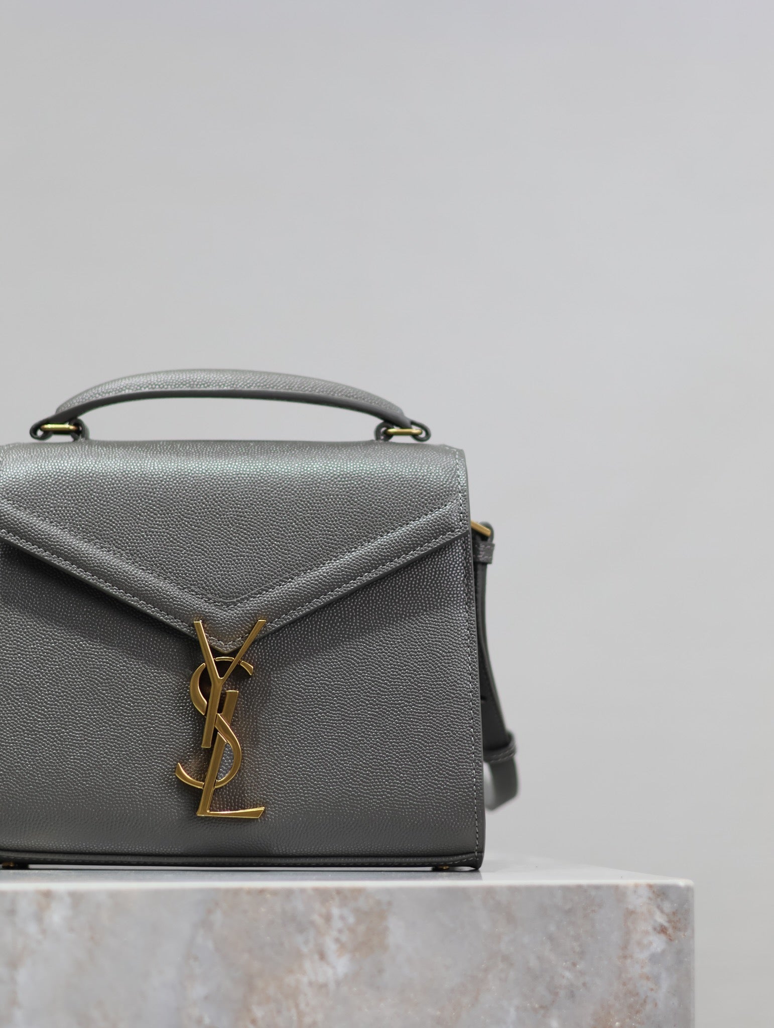 Saint Laurent CASSANDRA MINI TOP HANDLE BAG 20 IN GRAY CALFSKIN GOLD HARDWARE