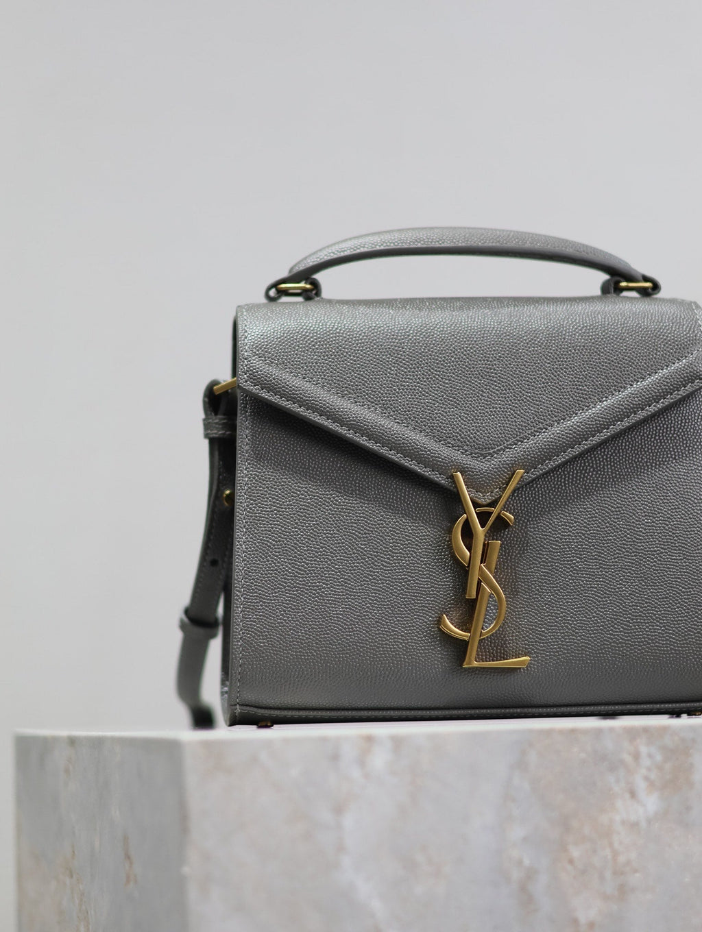 Saint Laurent CASSANDRA MINI TOP HANDLE BAG 20 IN GRAY CALFSKIN GOLD HARDWARE