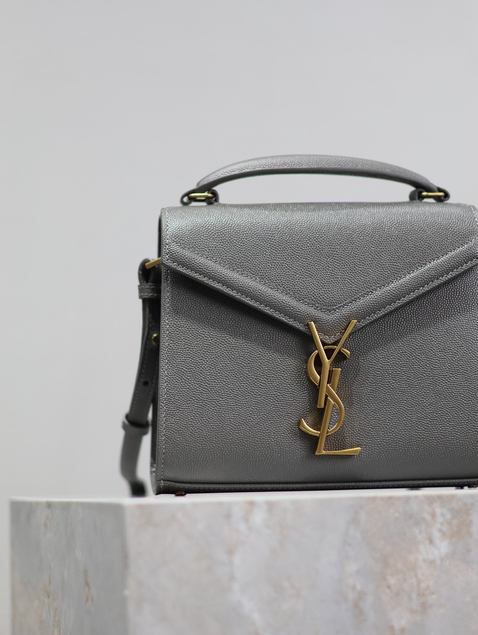 Saint Laurent CASSANDRA MINI TOP HANDLE BAG 20 IN GRAY CALFSKIN GOLD HARDWARE