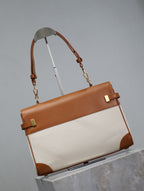 Saint Laurent MANHATTAN HANDBAG 32 IN BROWN CALFSKIN AND WHITE CANVAS GOLD HARDWARE