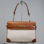 Saint Laurent MANHATTAN HANDBAG 32 IN BROWN CALFSKIN AND WHITE CANVAS GOLD HARDWARE