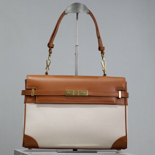 Saint Laurent MANHATTAN HANDBAG 32 IN BROWN CALFSKIN AND WHITE CANVAS GOLD HARDWARE
