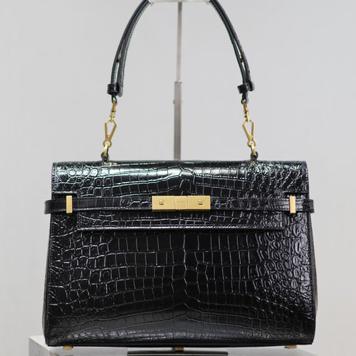 Saint Laurent MANHATTAN HANDBAG 32 IN BLACK CROCODILE-EMBOSSED CALFSKIN GOLD HARDWARE