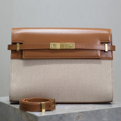 Saint Laurent MANHATTAN MEDIUM 29 IN WHITE CANVAS AND BROWN CALFSKIN GOLD BUCKLE