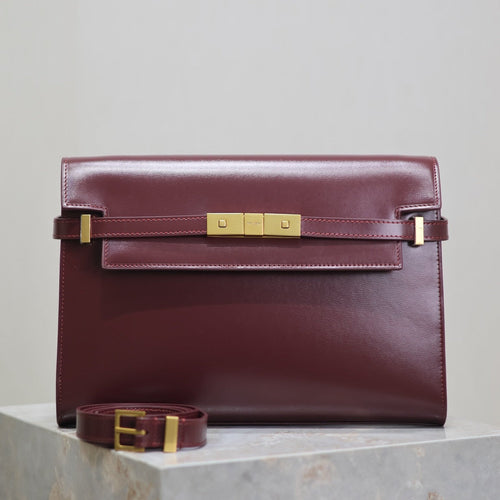 Saint Laurent MANHATTAN MEDIUM 29 IN WINE RED SMOOTH CALFSKIN GOLD BUCKLE