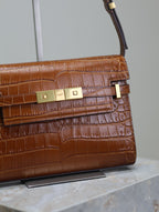 Saint Laurent MANHATTAN SMALL 24 IN BROWN CROCODILE PATTERN CALFSKIN GOLD BUCKLE