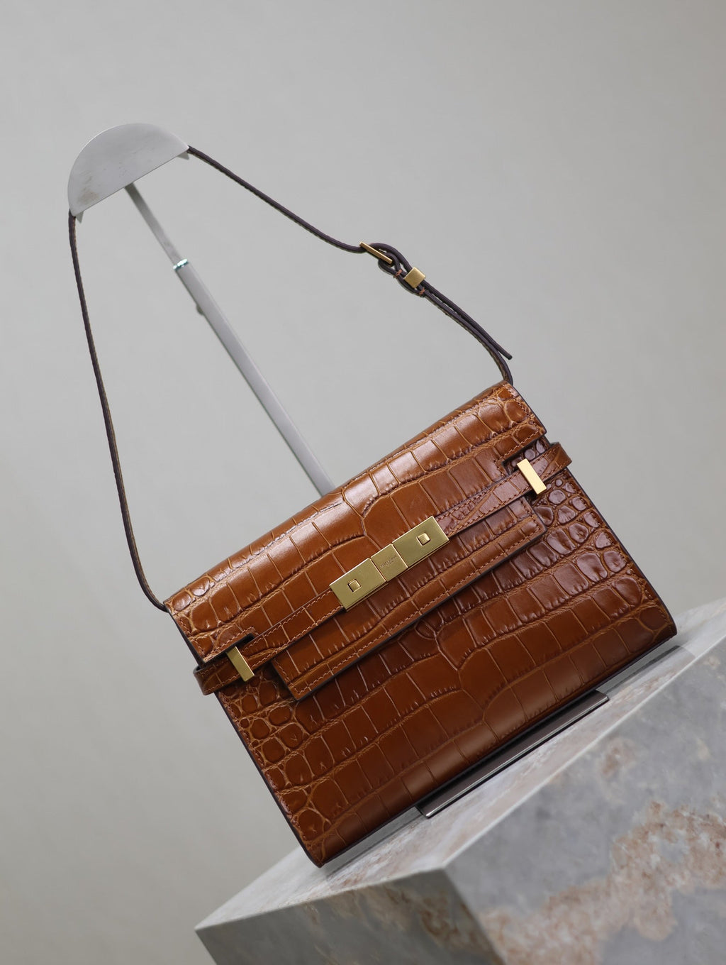 Saint Laurent MANHATTAN SMALL 24 IN BROWN CROCODILE PATTERN CALFSKIN GOLD BUCKLE