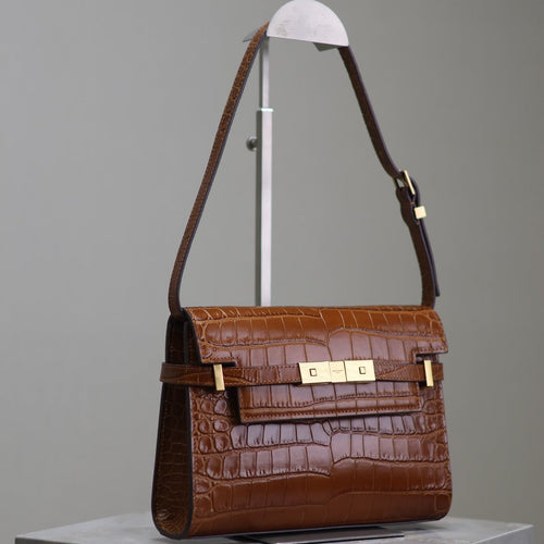 Saint Laurent MANHATTAN SMALL 24 IN BROWN CROCODILE PATTERN CALFSKIN GOLD BUCKLE