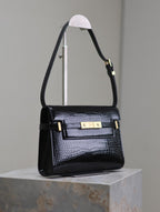 Saint Laurent MANHATTAN SMALL 24 IN BLACK CROCODILE PATTERN GLOSSY CALFSKIN GOLD BUCKLE