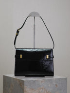 Saint Laurent MANHATTAN SMALL 24 IN BLACK CROCODILE PATTERN GLOSSY CALFSKIN GOLD BUCKLE
