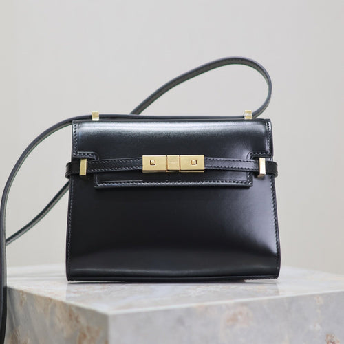 Saint Laurent MANHATTAN MINI 19 IN BLACK SMOOTH LAMBSKIN GOLD BUCKLE