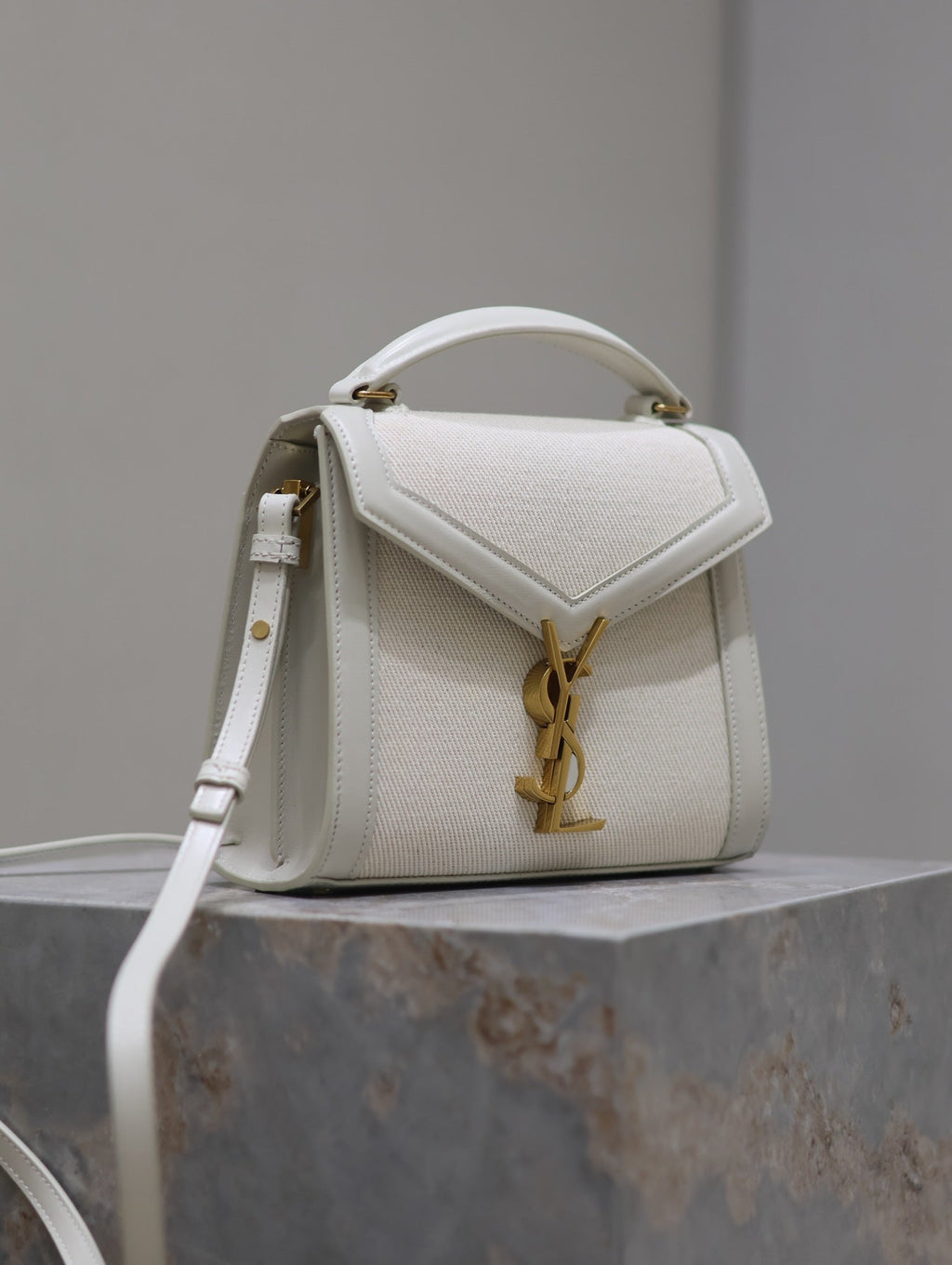 Saint Laurent CASSANDRA MINI TOP HANDLE BAG 20 IN WHITE CANVAS AND LEATHER TRIM