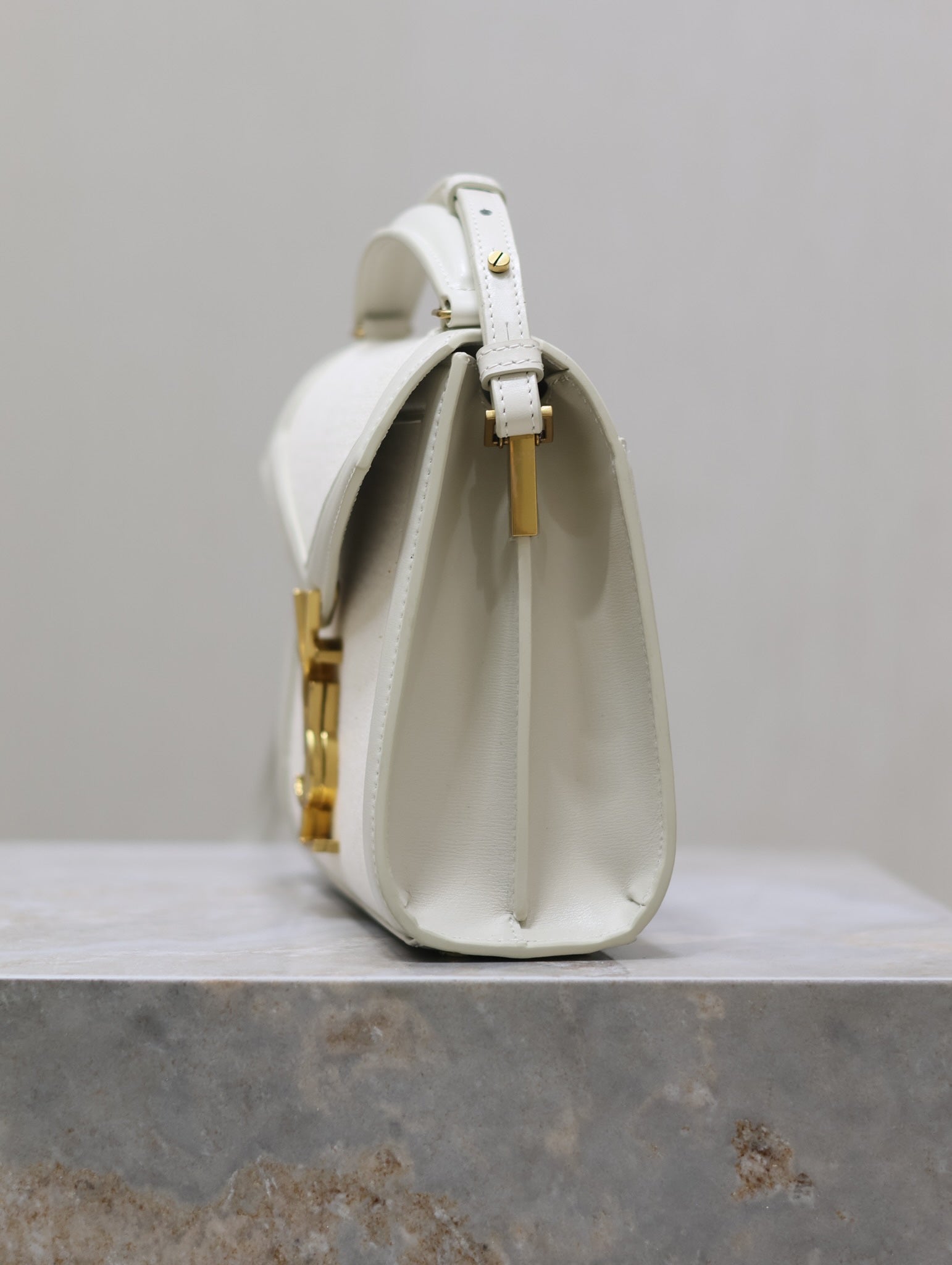 Saint Laurent CASSANDRA MINI TOP HANDLE BAG 20 IN WHITE CANVAS AND LEATHER TRIM
