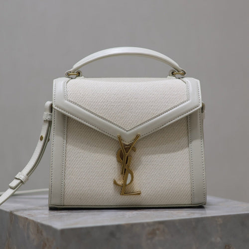 Saint Laurent CASSANDRA MINI TOP HANDLE BAG 20 IN WHITE CANVAS AND LEATHER TRIM