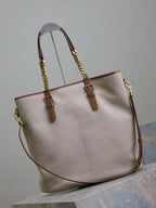 Saint Laurent TOTE BAG 38 IN WHITE CANVAS AND BROWN LEATHER TRIM GOLD HARDWARE