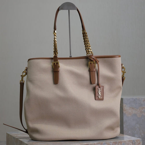 Saint Laurent TOTE BAG 38 IN WHITE CANVAS AND BROWN LEATHER TRIM GOLD HARDWARE