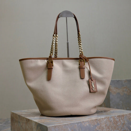 Saint Laurent TOTE BAG 47 IN WHITE CANVAS AND BROWN LEATHER TRIM GOLD HARDWARE