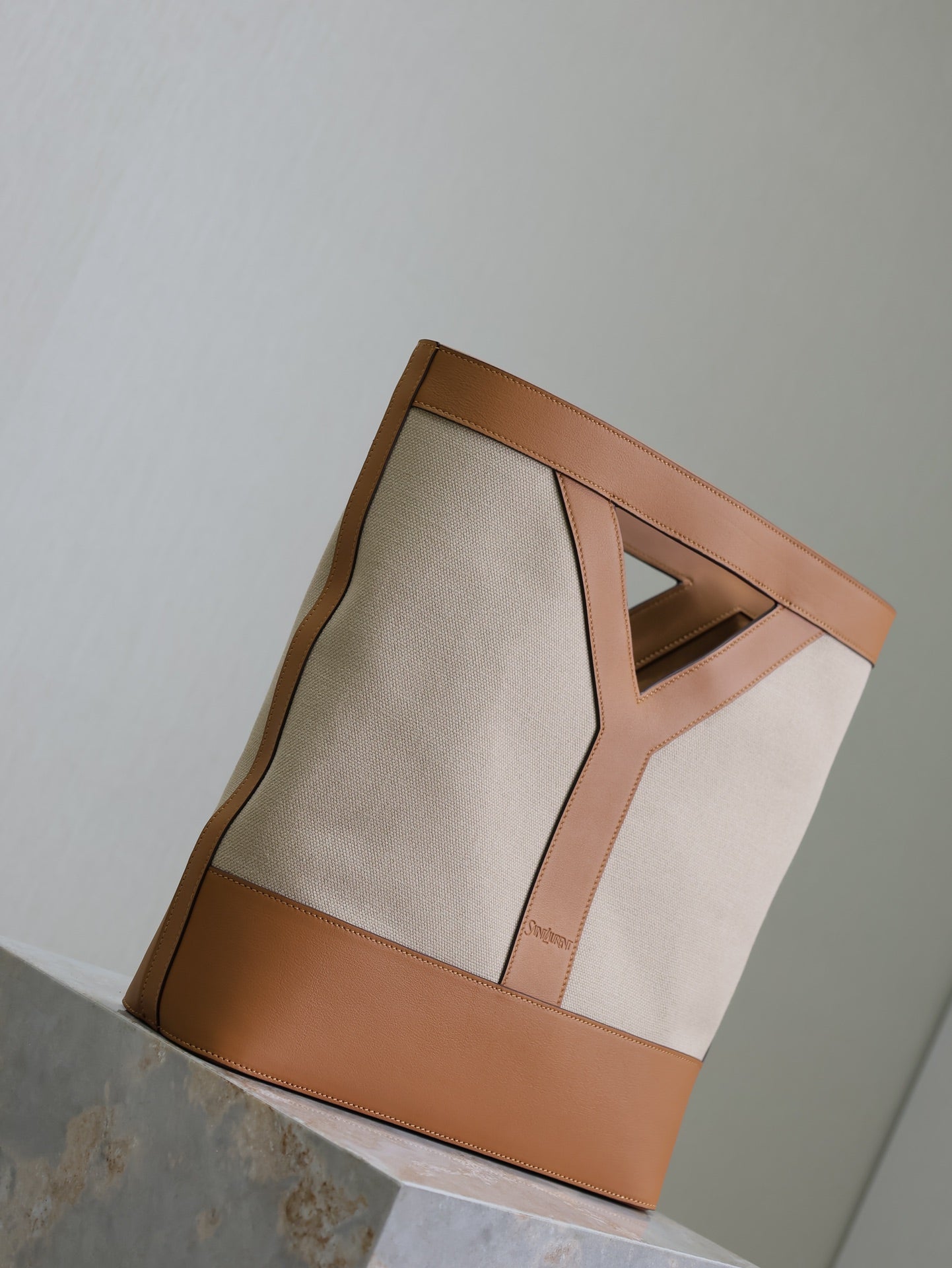 Saint Laurent HANDBAG 33 IN WHITE CANVAS AND BROWN CALFSKIN